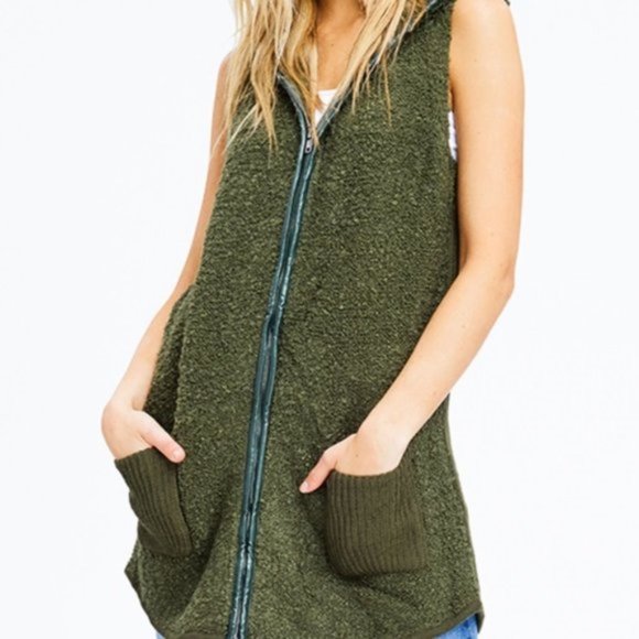 Tops - GREEN SWEATER HOODIE VEST Tops - GREEN SWEATER HOODIE VEST